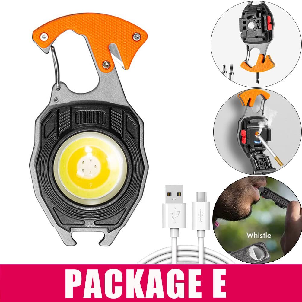 Keychain LED Flashlights, Rechargeable Flashlight Torch 7 Light Modes with Cigarette Lighter,Whistles,Screwdriver,Bottle Opener,Magnet Base Multifunction Emergency Use COB Light for Camping Outoor