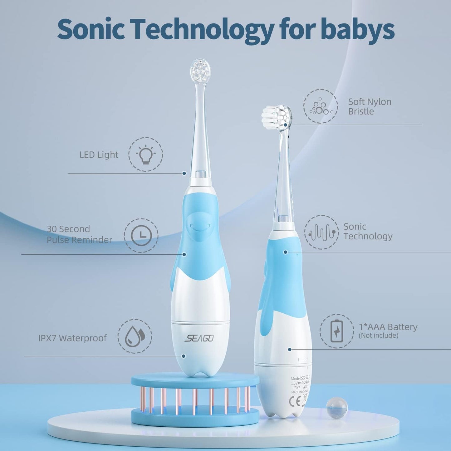 Seago SG-513 Electric Sonic Toothbrush for Children from 0 to 3 Years LED Light Smart Timer Sound Baby Toothbrush Waterproof IPX7 Children's Toothbrush (Sonic Toothbrush + 4 x Replacement Brushes,