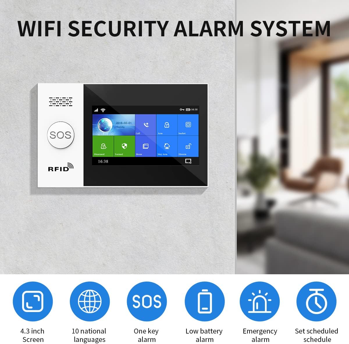 PG107 Wireless 4.3 Inch Full Touch Screen Home Alarm System. Works with Alexa and Google for Home, Apartment etc