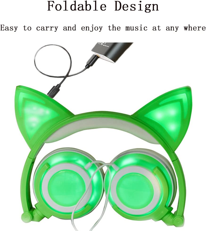 Olyre Kids Headphones with LED Light Up, Cute Cat Ear Earphones for Girls Teens Adults, Stereo Adults Headphone with 3.5mm Jack for iPad Tablet Computer Mobile Phone (Green)