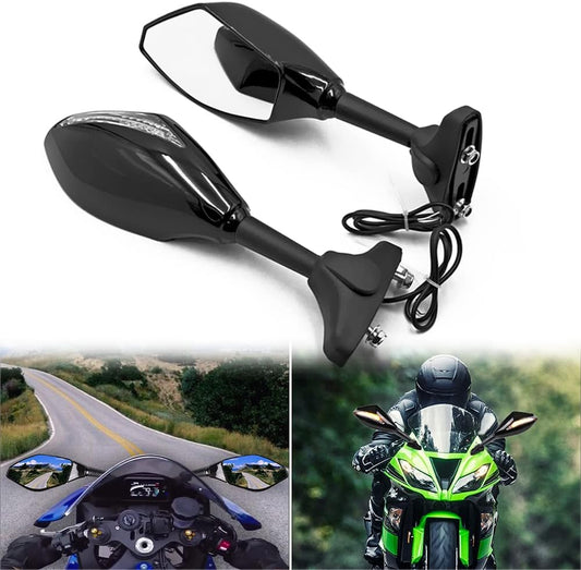 Motorcycle Rearview Side Mirrors with LED Turn Signals for Yama' YZF R6 99-08 R6s FZ1 FAZER 06-09 600 95-09 FZR600 89-99 Adjustable Rotating Rear view Mirror Accessories (C Black+Clear Lens)