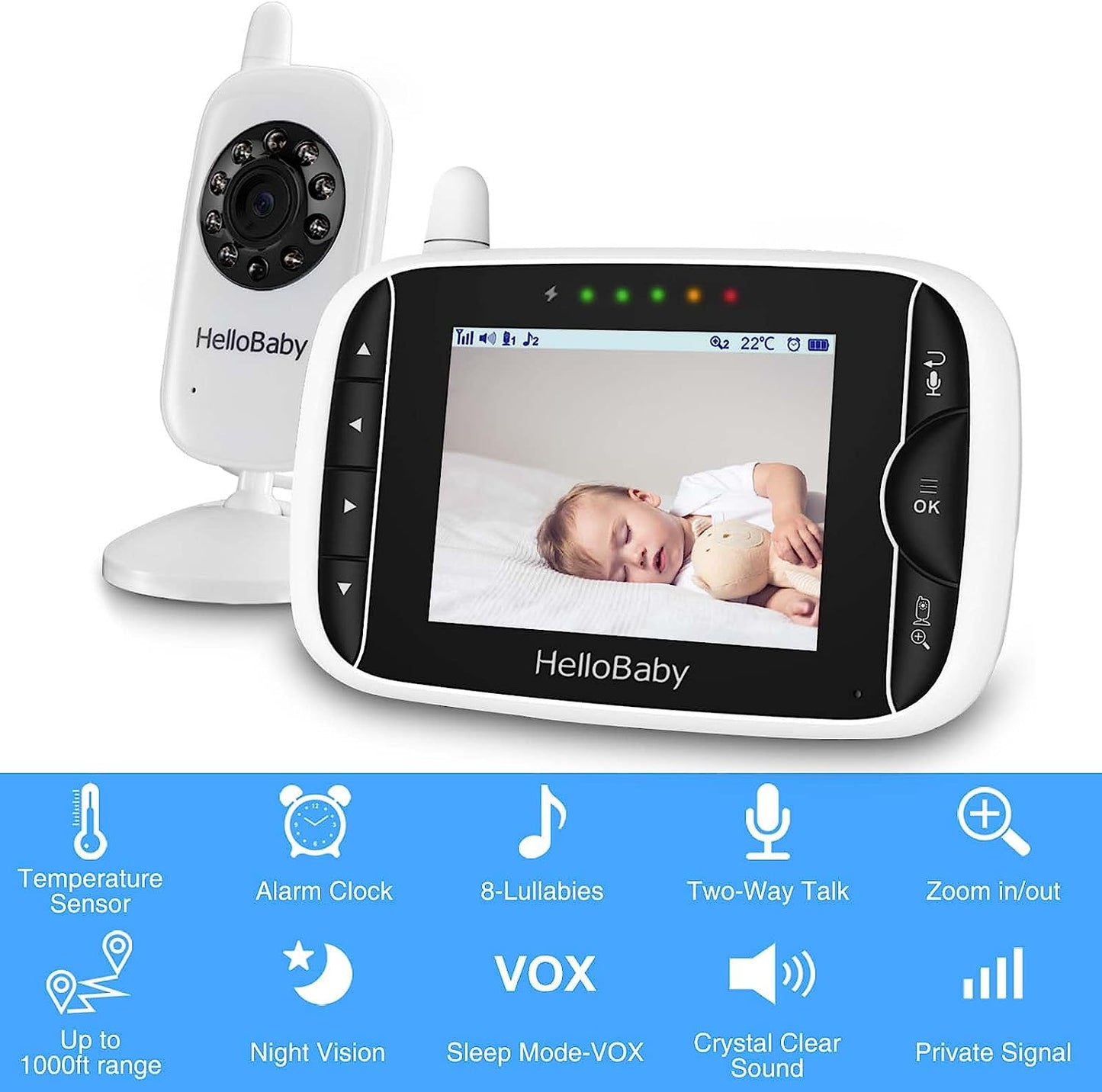 HelloBaby Video Baby Monitor with Camera and Audio - 3.2Inch Baby Camera Monitor IPS Display, Baby Monitor No WiFi, Two-Way Audio, VOX Mode, Infrared Night Vision, Temperature Monitoring, Lullaby