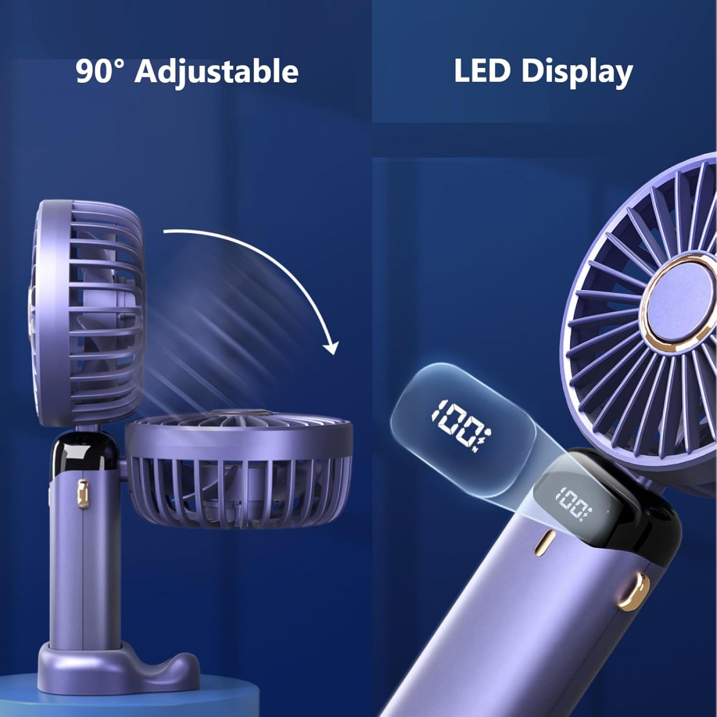 Portable Handheld Fan, USB Rechargeable Personal Fan, 1200mAh, 90° Foldable Mini Desk Fan with Led Digital Display, 5 Speeds Multi-Function Fan for Outdoor Indoor
