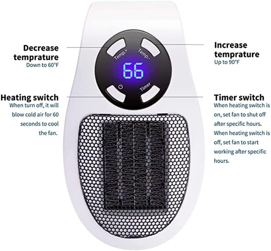 DMG Space Heater with LED Display Wall Outlet Electric Heater Portable Heater with Adjustable Thermostat and Timer and Led Display for Home Office Indoor Use