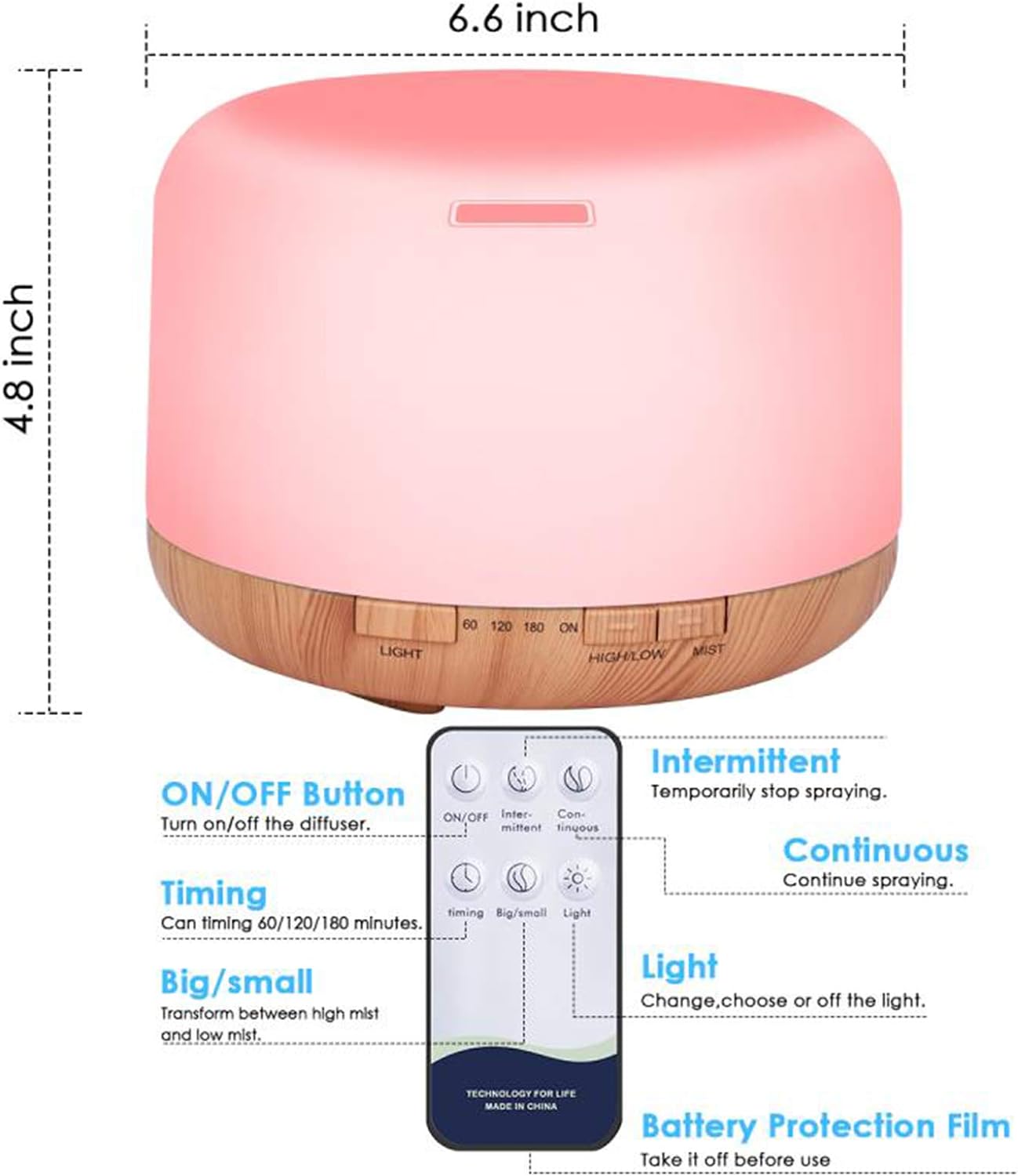 Diffuserlove Essential Oil Diffuser 500ML Remote Control Ultrasonic Aromatherapy Diffuser Cool Mist Humidifiers with Mute Design, Timer and Waterless Auto Shut-Off, 7 Color LED for Office Living Room