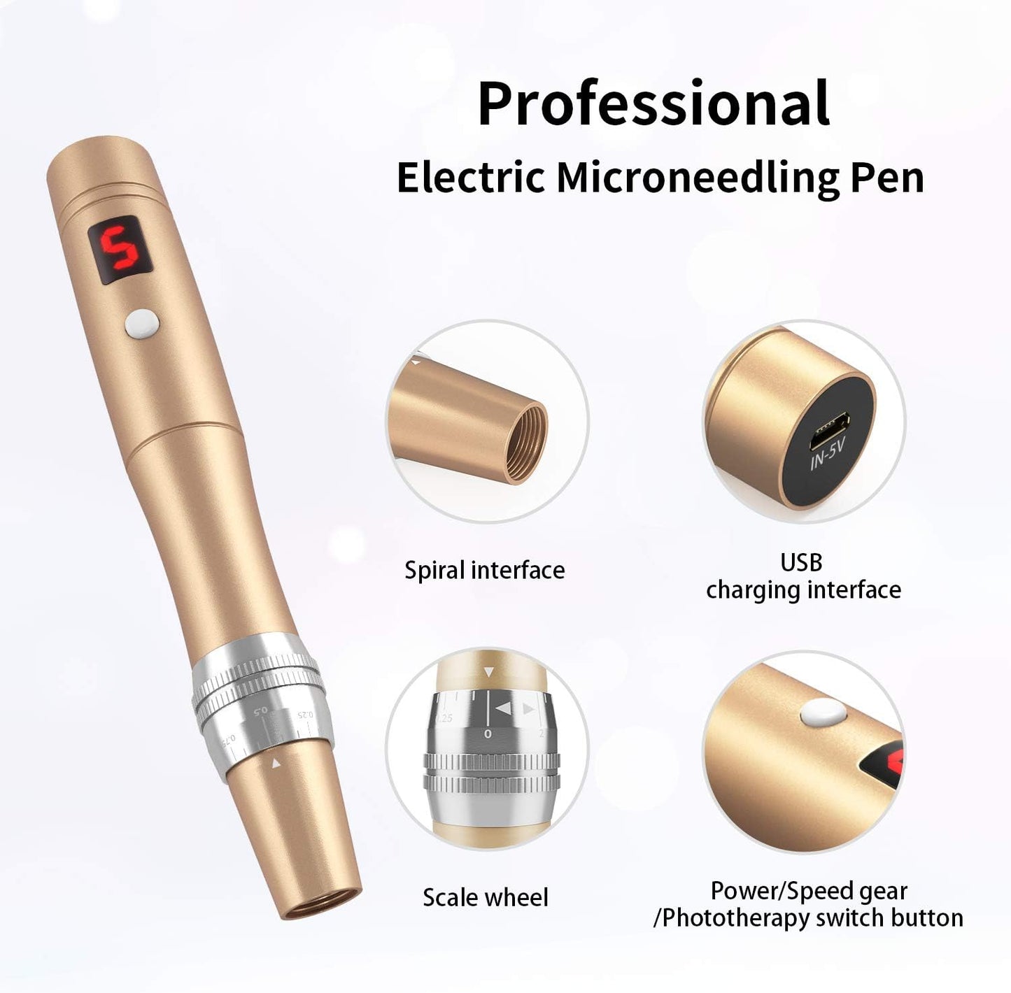 Beautlinks Electric Microneedling Pen 0-2.5 mm with 4 LED Lights and 6 Levels, Microneedle Skin Repair Tool for Face Skin Rejuvenation, Anti Acne, Anti Wrinkle (incl. 4 Needle Cartridges)