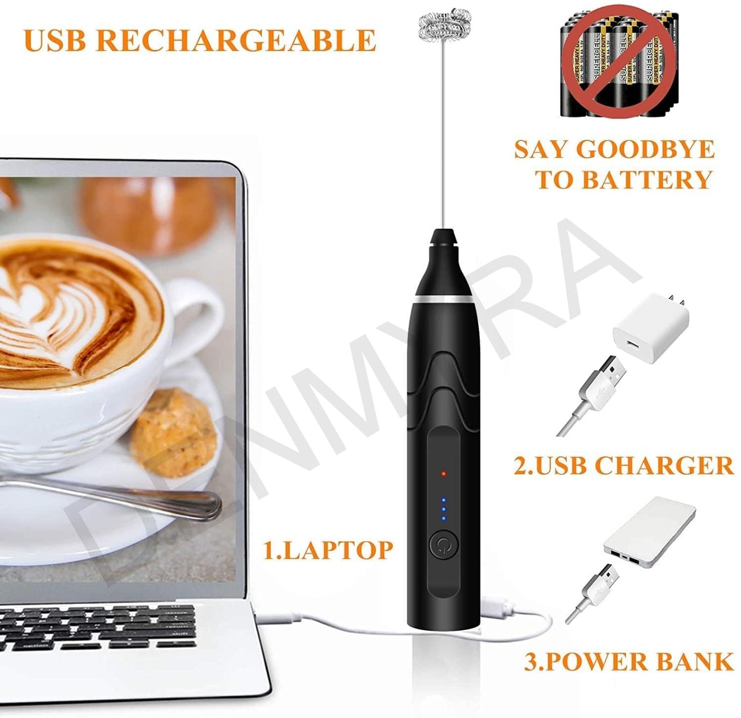 Rechargeable Coffee Beater Foam Maker with Double Whisk, Upgraded 3 Speeds Frother Handheld for Milk Coffee, Latte, Matcha Type-c , Black
