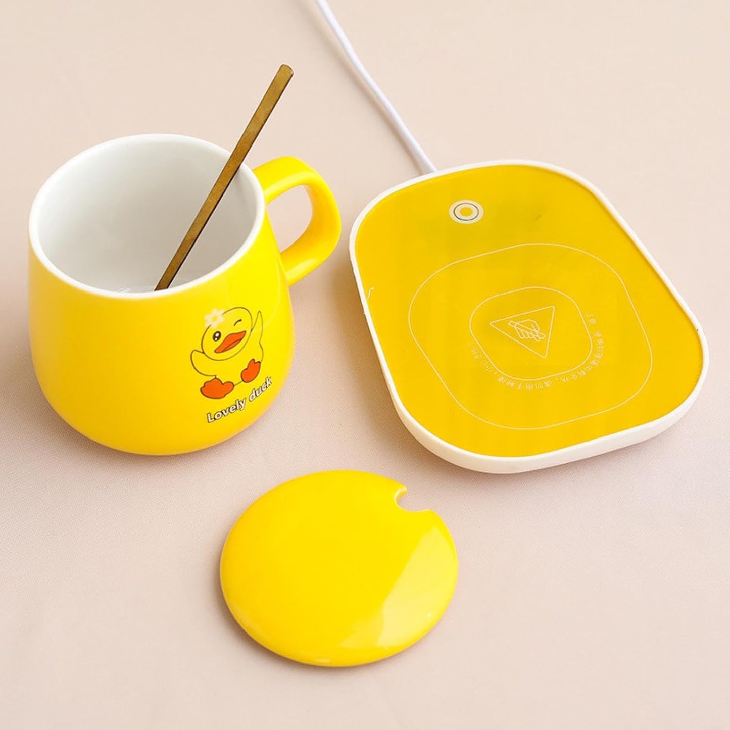 250ml Cartoon Yellow Duck Constant Temperature 55 Degree Ceramic Mug With Lid And Spoon, Heated Coaster Gift Box-Little Yellow Duck - Gift Box Package