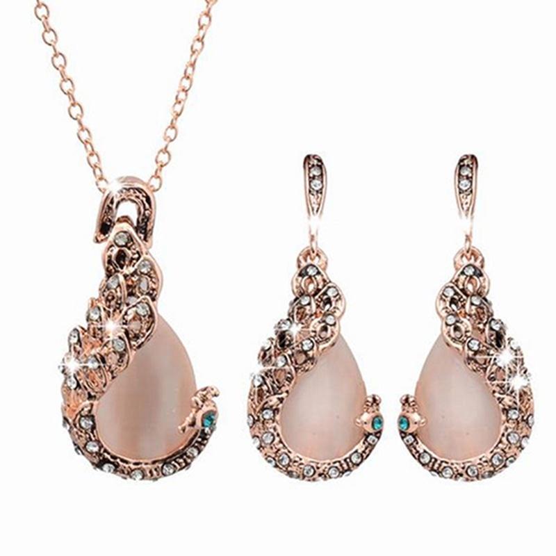 (Necklace + earrings)Women's Elegant Drops Rhinestone Pendant Hook Earrings Jewelry 1set/3pcs