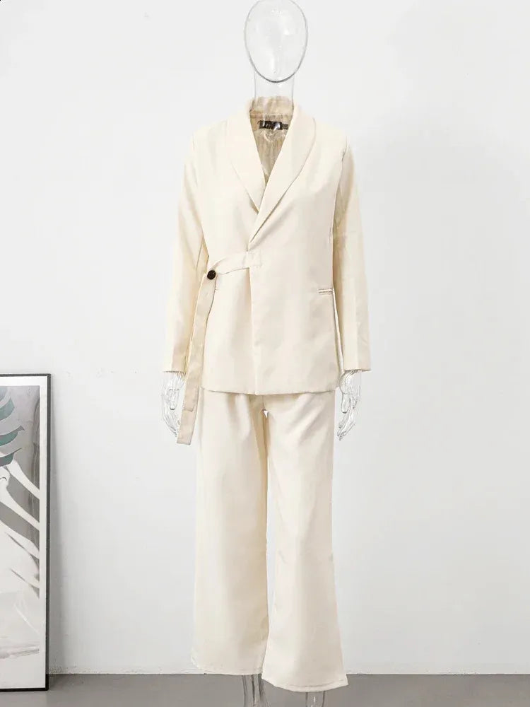 Office Lady Blazer Belt Pant Suits Womens Pantsuit Korean Version Notched Baggy Pants Autumn Elegant Euality Chic Women Outfit 240809