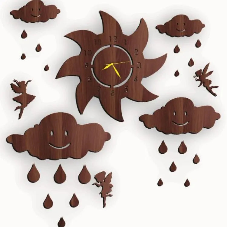 Fairy with Clouds and Rain Drops 3D Wooden DIY Wall Clock Numeral Quartz Watch Hanging Decoration Piece for Home Decor and Girls Room Bed Rooms and for Gifts Item