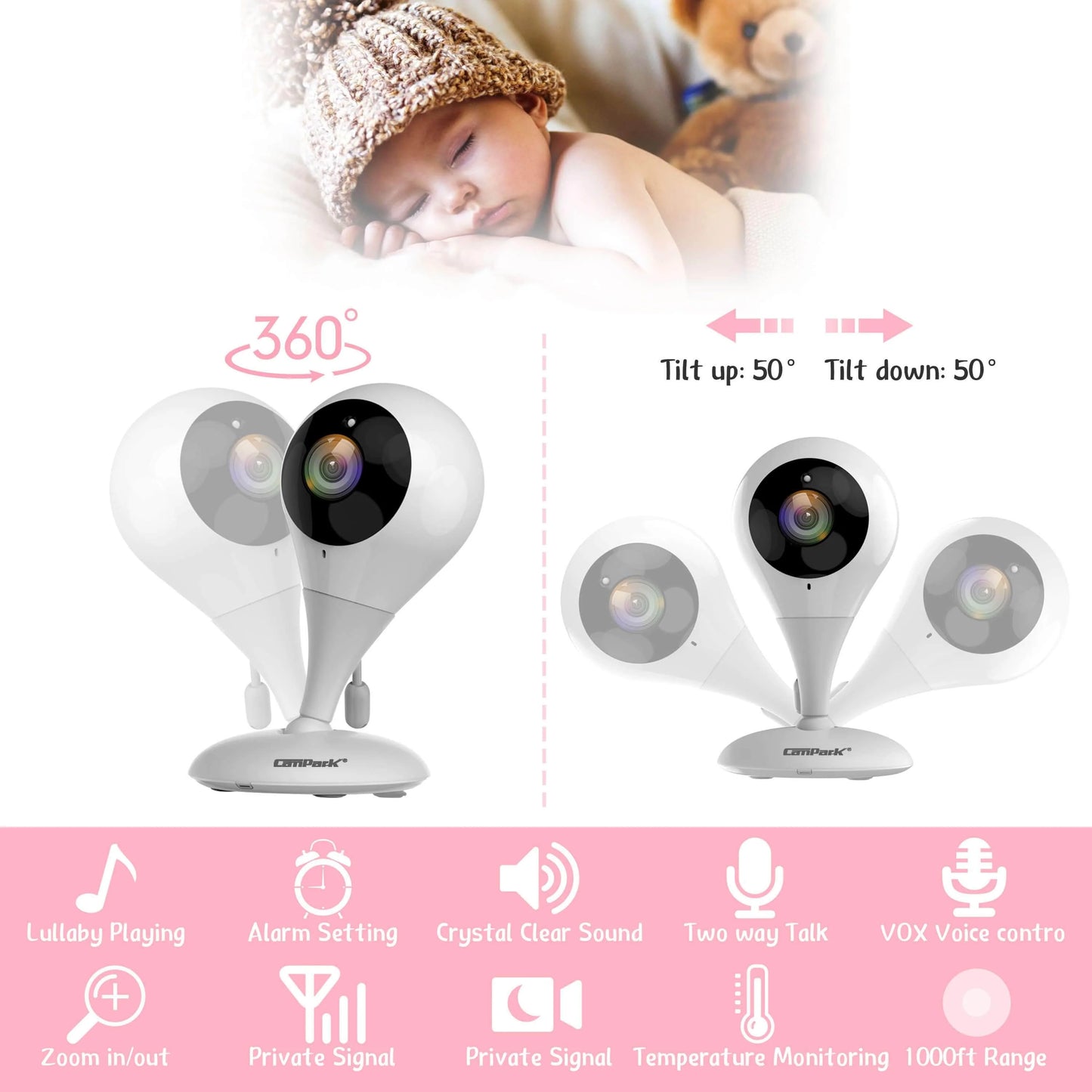 Campark BM20 Baby Monitor, Video Monitor with 2.4'' Display Screen, Moniteur Bébé Camera & 2.4GHz Wireless Transmission,Two-Way Talk,Auto Infrared Night Vision, VOX Mode and Temperature Detection,