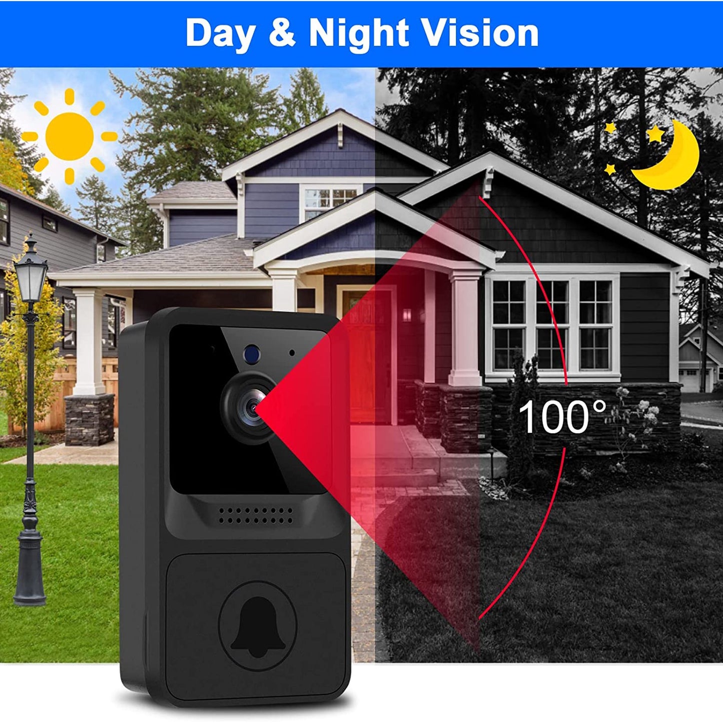 Wireless Doorbell Camera with Chime, WiFi Video Doorbell, Home Security Camera Door Bell Kits with Free Cloud Storage, Photo Capcture, Rechargeable Battery, 2-Way Audio, Real-time Alerts, Night Vision