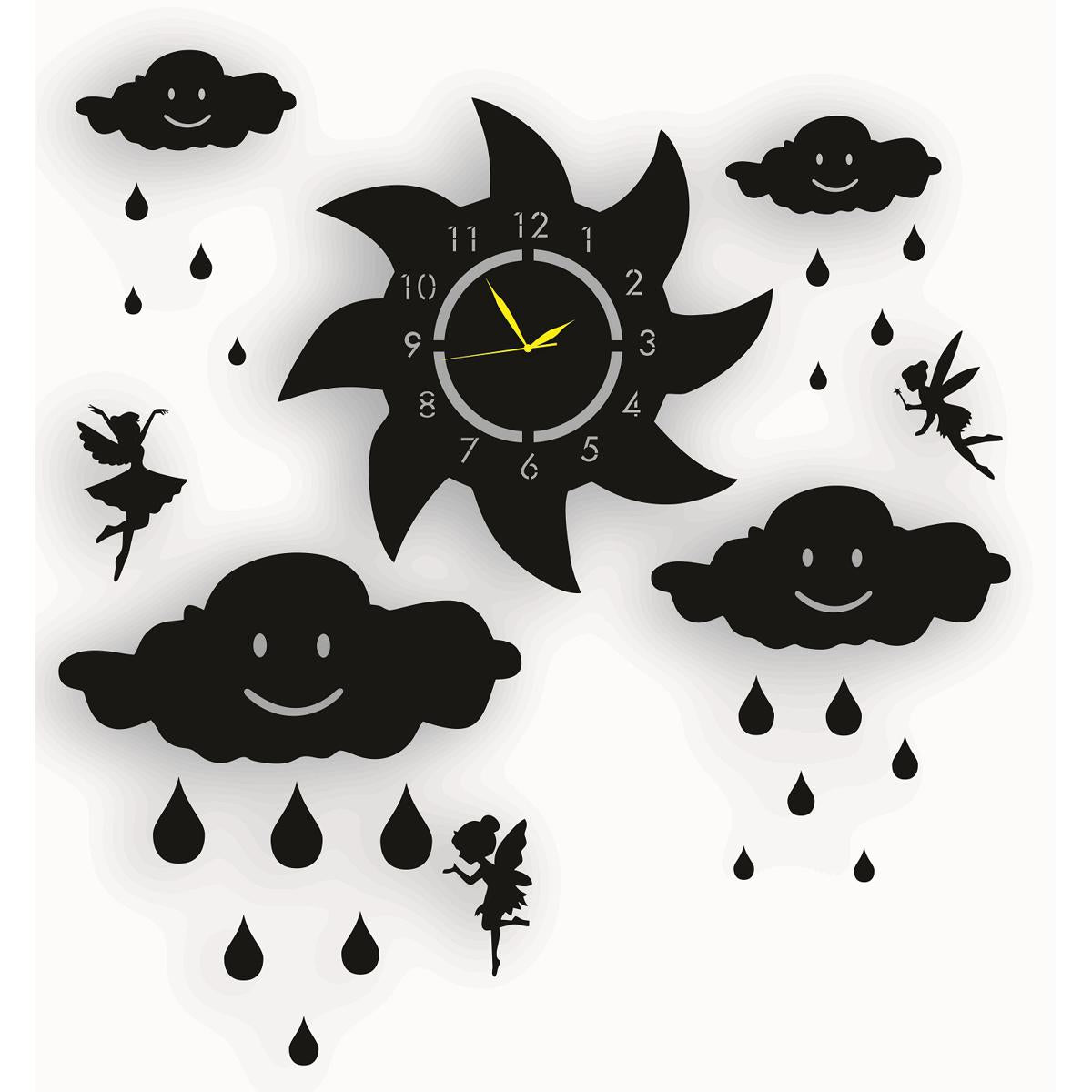 Fairy with Clouds and Rain Drops 3D Wooden DIY Wall Clock Numeral Quartz Watch Hanging Decoration Piece for Home Decor and Girls Room Bed Rooms and for Gifts Item