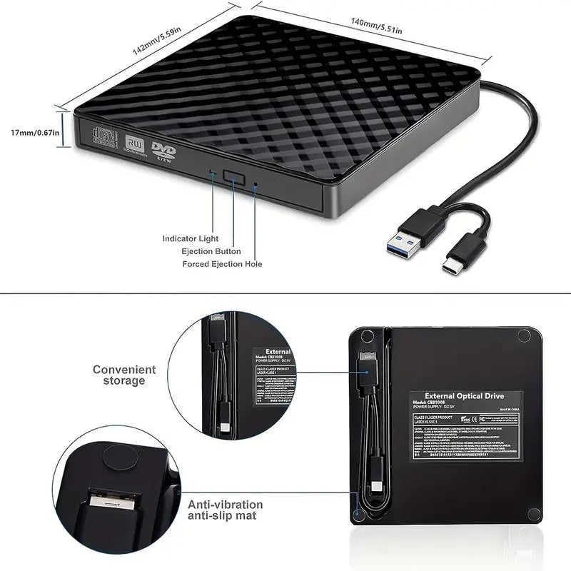 External DVD Drive USB 3.0 Type-C CD Burner Portable CD DVD +/-RW Drive DVD Player for Laptop CD ROM Rewriter Burner Compatible with Laptop Desktop PC Windows 11/10 MacBook Pro/Air Mac Linux Mac OS