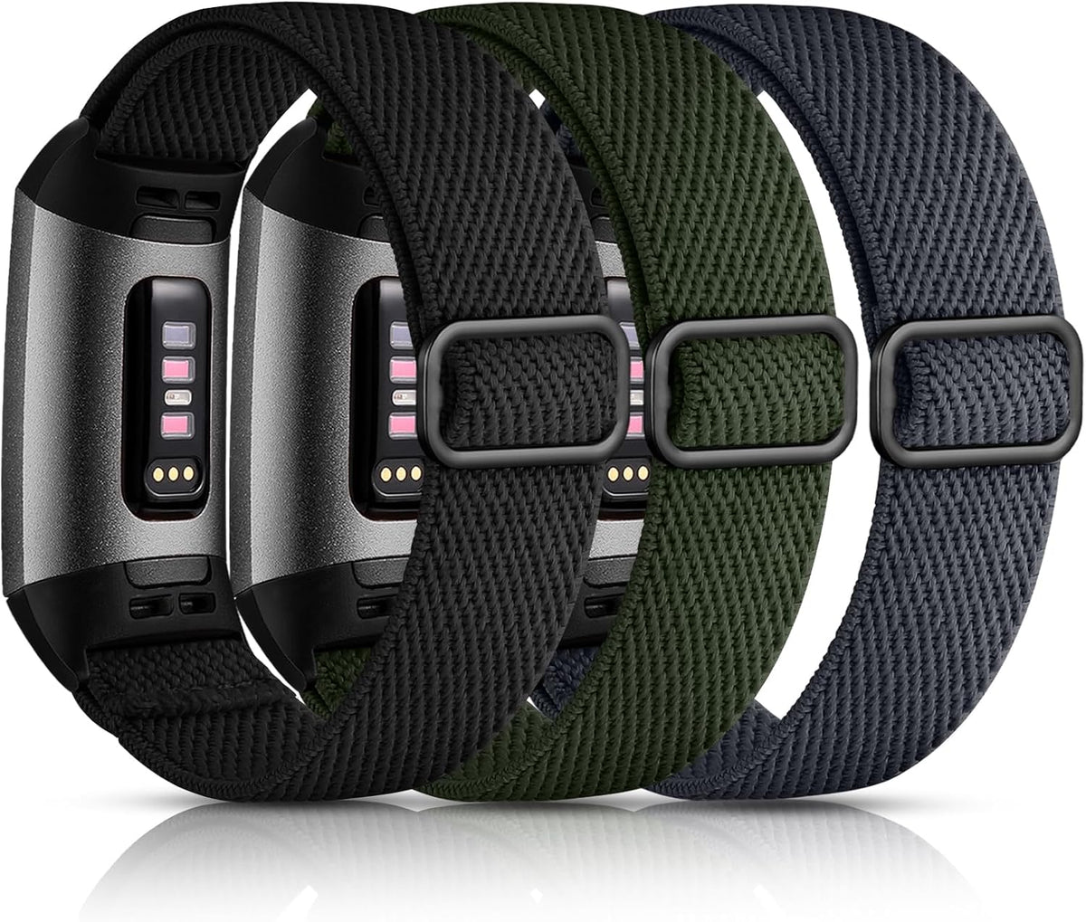 Maledan 3 Pack Elastic Band Compatible with Fitbit Charge 4 and Fitbit Charge 3 Bands for Women Men, Adjustable Stretchy Solo Loop Strap Soft Nylon Fabric Wristband for Charge 3/ Charge 4/ 3SE
