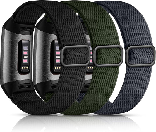 Maledan 3 Pack Elastic Band Compatible with Fitbit Charge 4 and Fitbit Charge 3 Bands for Women Men, Adjustable Stretchy Solo Loop Strap Soft Nylon Fabric Wristband for Charge 3/ Charge 4/ 3SE