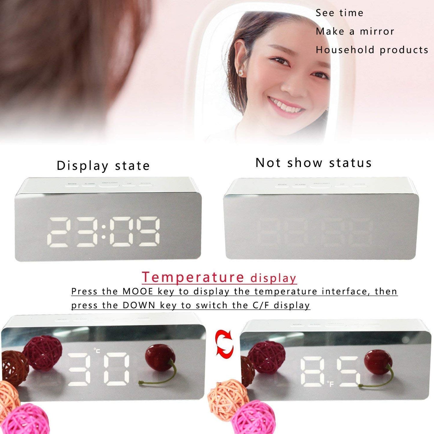 REMUS Battery and USB Powered Digital Mirror Travel Alarm Clock with Large LED Display , Snooze Time Temperature Function (White)