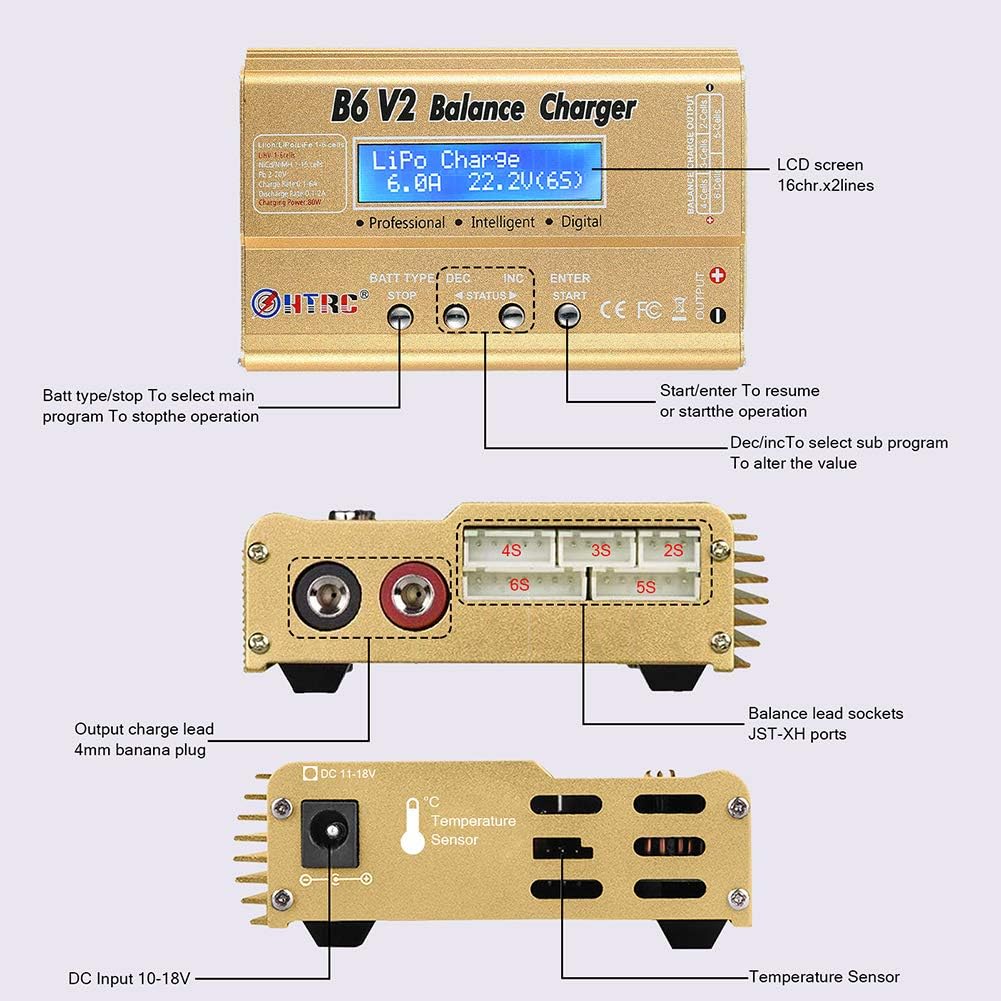 HTRC B6V2 80W LiPo Battery Charger Balance Fast Charger Discharger Digital Battery Pack Charger for 1S-6S LiPo/LiHV/Life/Li-ion 1S-15S NiCD NiMH 2-20V PB Smart Battery RC Car