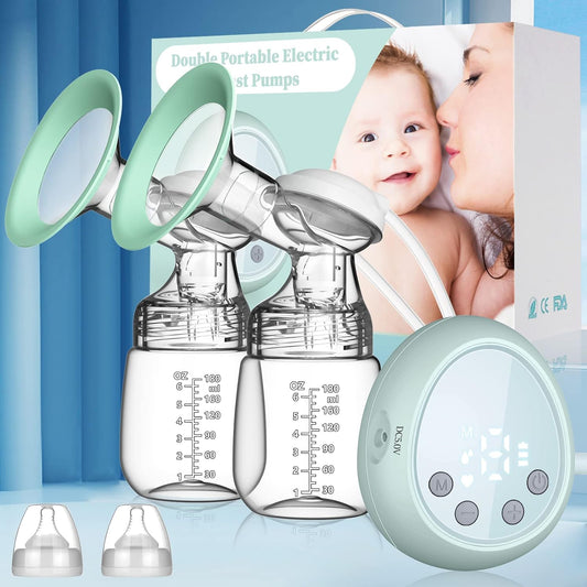 Double Electric Breast Pumps Portable - Electric Breastfeeding Pumps 3 Modes 9 Levels LCD Display Rechargeable Breast Milk Pump, BPA Free, Green （24mm Flange）