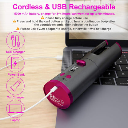 Fezax Cordless Auto Hair Curler, Automatic Curling Iron with LCD Display Adjustable Temperature & Timer, Portable Rechargeable Rotating Ceramic Barrel Curling Wand Fast Heating for Hair Styling