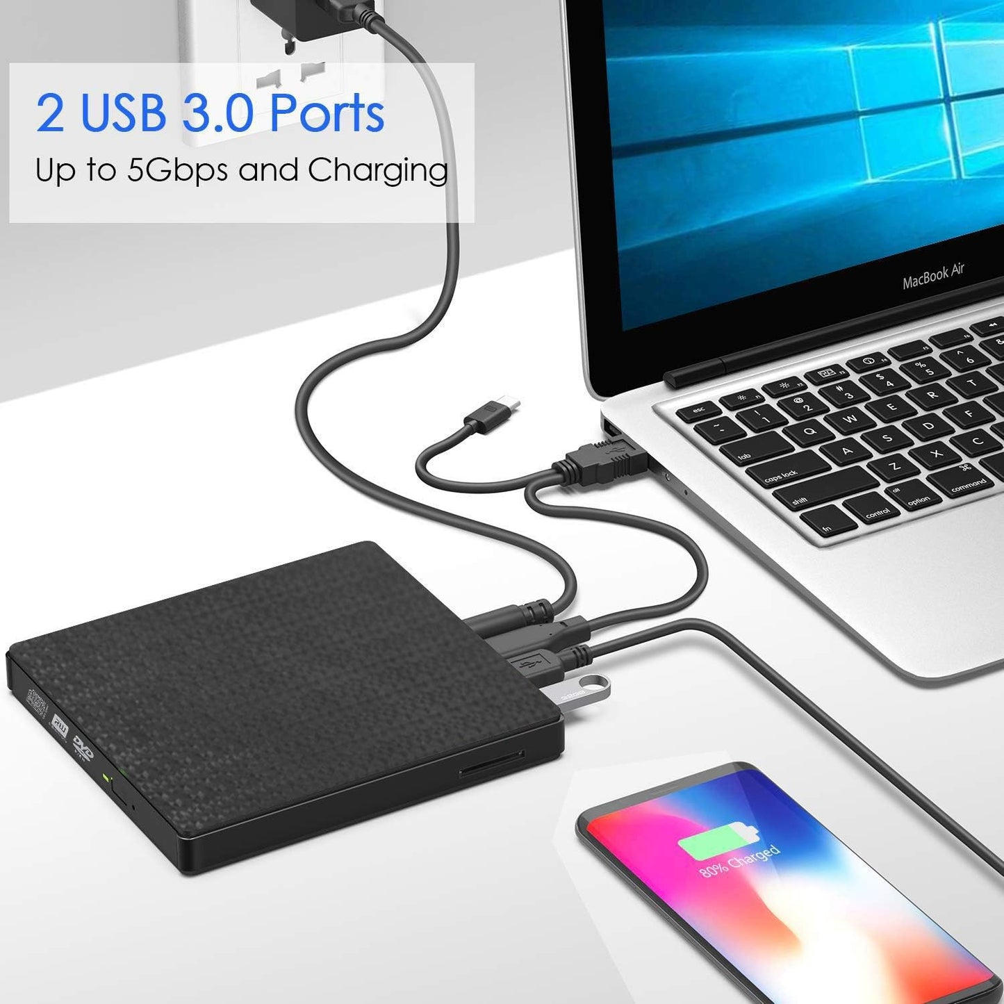 External DVD CD Drive High-Speed USB-C&USB 3.0 CD DVD-RW Player Burner Writer Rewrite Support SD/TF Card/2 USB 3.0 Ports/Charging,Compatible with WriteOS/Windows/MacBook/Laptop/Desktop Computer pc