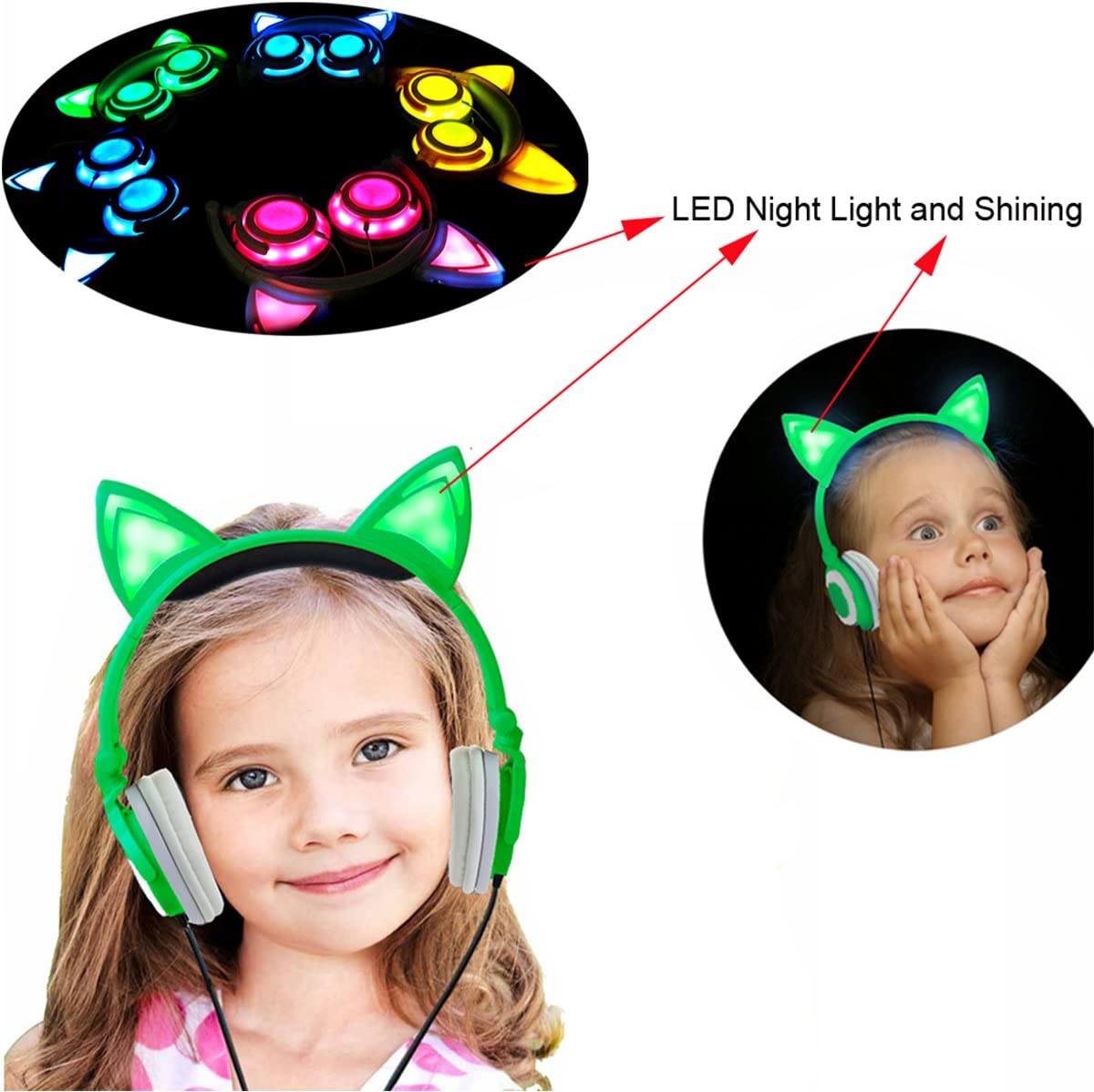 Olyre Kids Headphones with LED Light Up, Cute Cat Ear Earphones for Girls Teens Adults, Stereo Adults Headphone with 3.5mm Jack for iPad Tablet Computer Mobile Phone (Green)