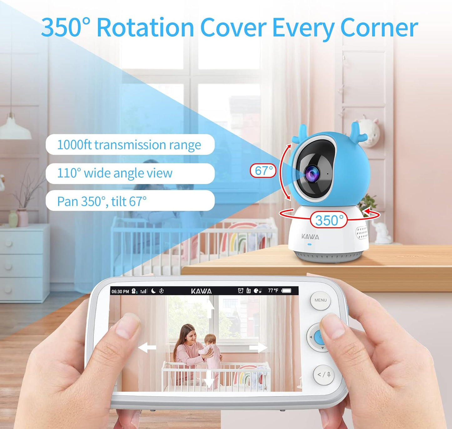 Baby Monitor, KAWA Video Baby Monitor with Camera and Audio, 5" 720P HD Display, No WiFi, Spilt Screen, Night Vision, 2-Way Talk, Temperature Sensor, 20Hrs Battery, Lullabies, 1000ft Range S6