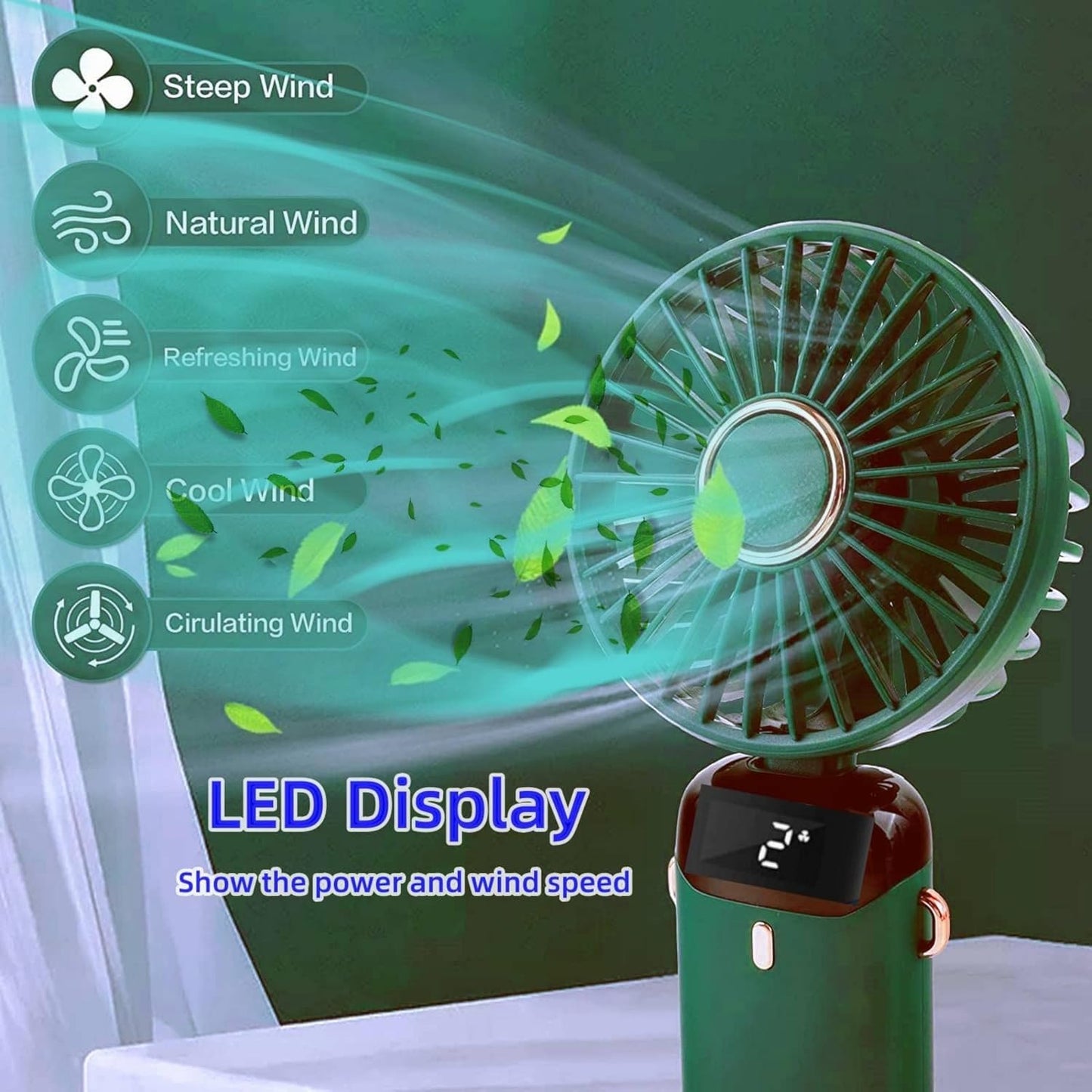 Portable Handheld Fan, USB Rechargeable Personal Fan, 1200mAh, 90° Foldable Mini Desk Fan with Led Digital Display, 5 Speeds Multi-Function Fan for Outdoor Indoor