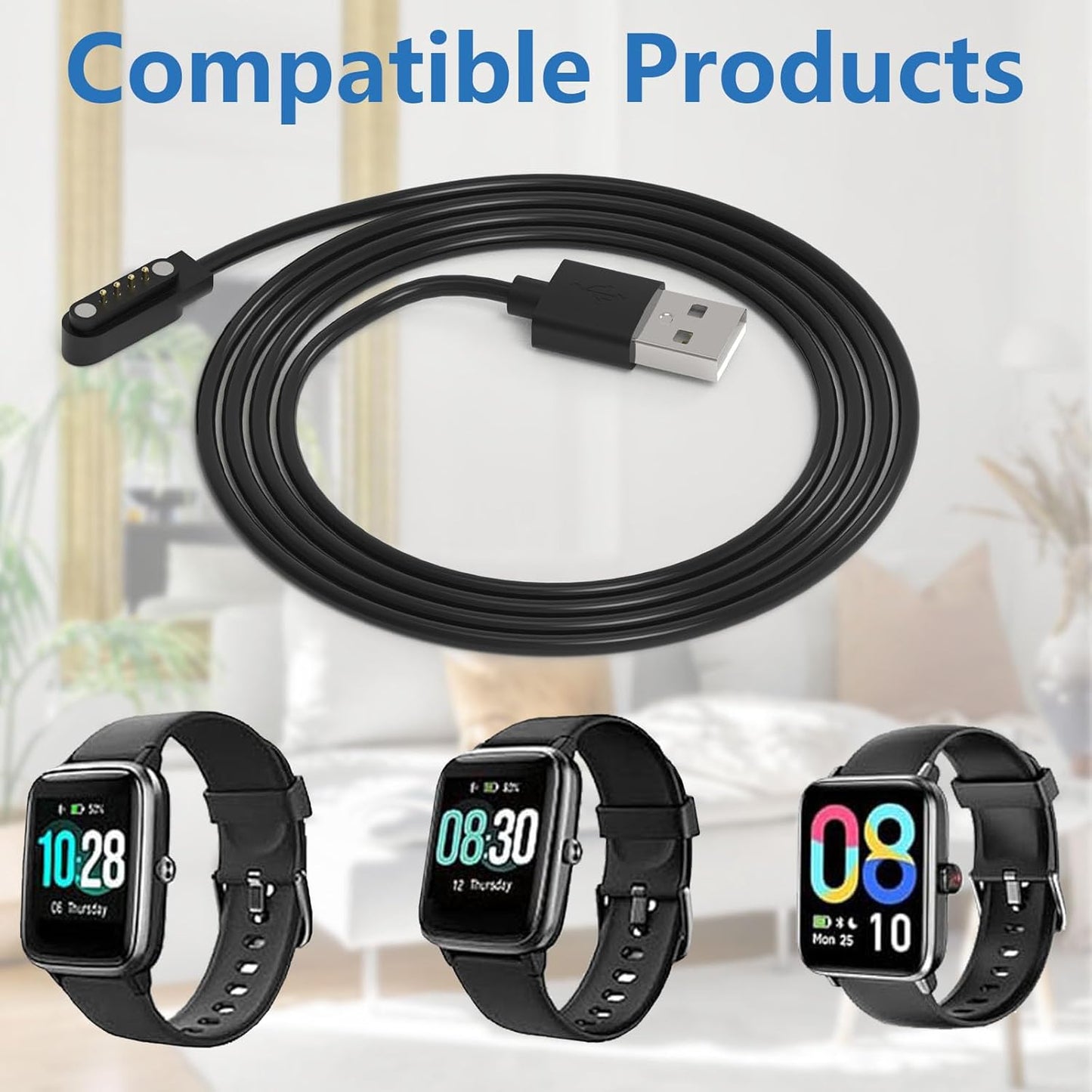 Smart Watch Charger Magnetic 4 Pin for Bluetooth Smart Watches GT88 G3 GT68 KW08 KW18 Y3 KW88 KW98 KW99 KW28 FS08 GV68 KW06 USB Charging Cable Replacement 2FT- Contact Pin Spacing 7.62mm