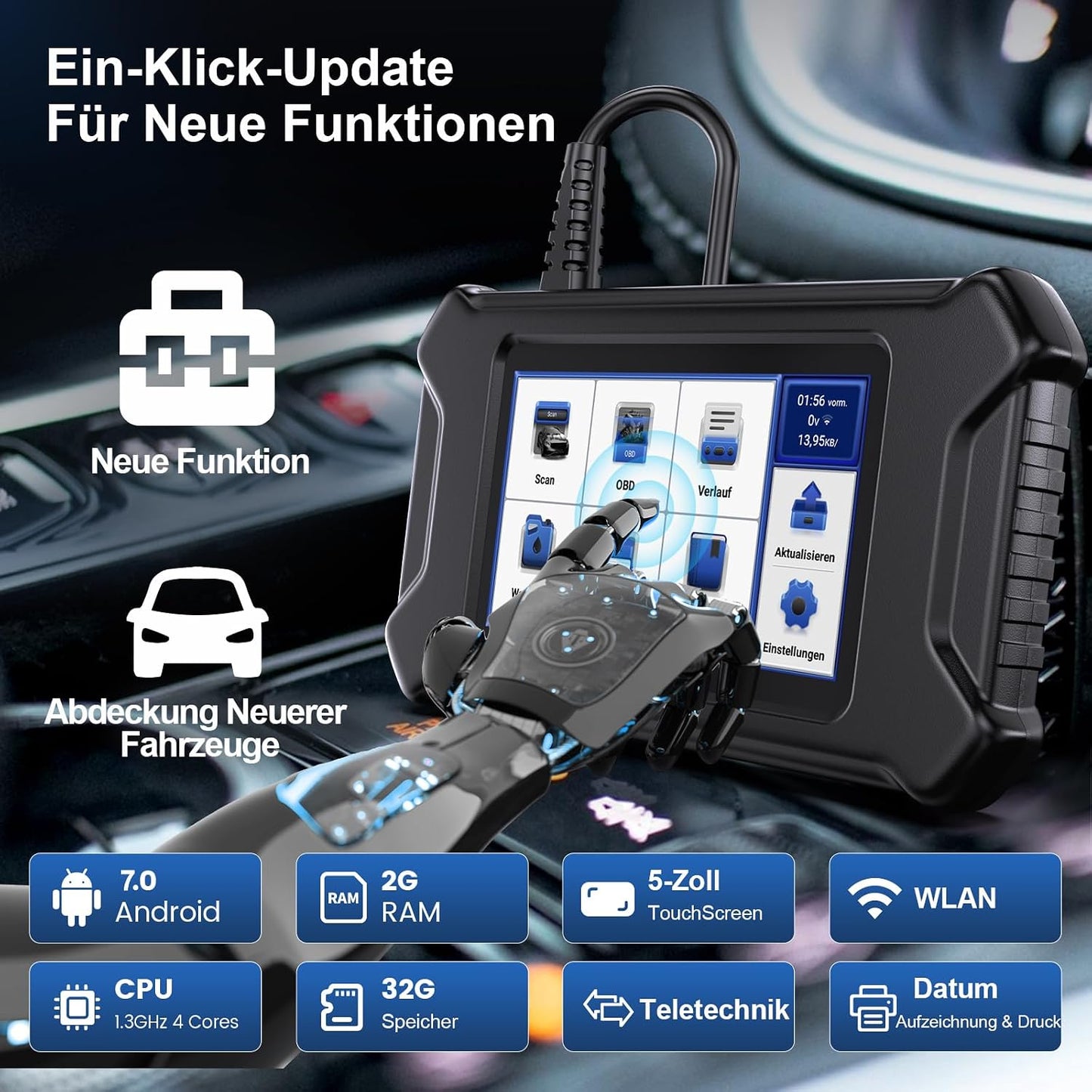MUCAR CS5 Car Diagnostic Device, OBD2 Diagnostic Tool with 5 System Diagnostics (ECM/SRS/ABS/BCM/TCM), Car Diagnostic Tool for AutoVIN, Android 7.0, Free Updates