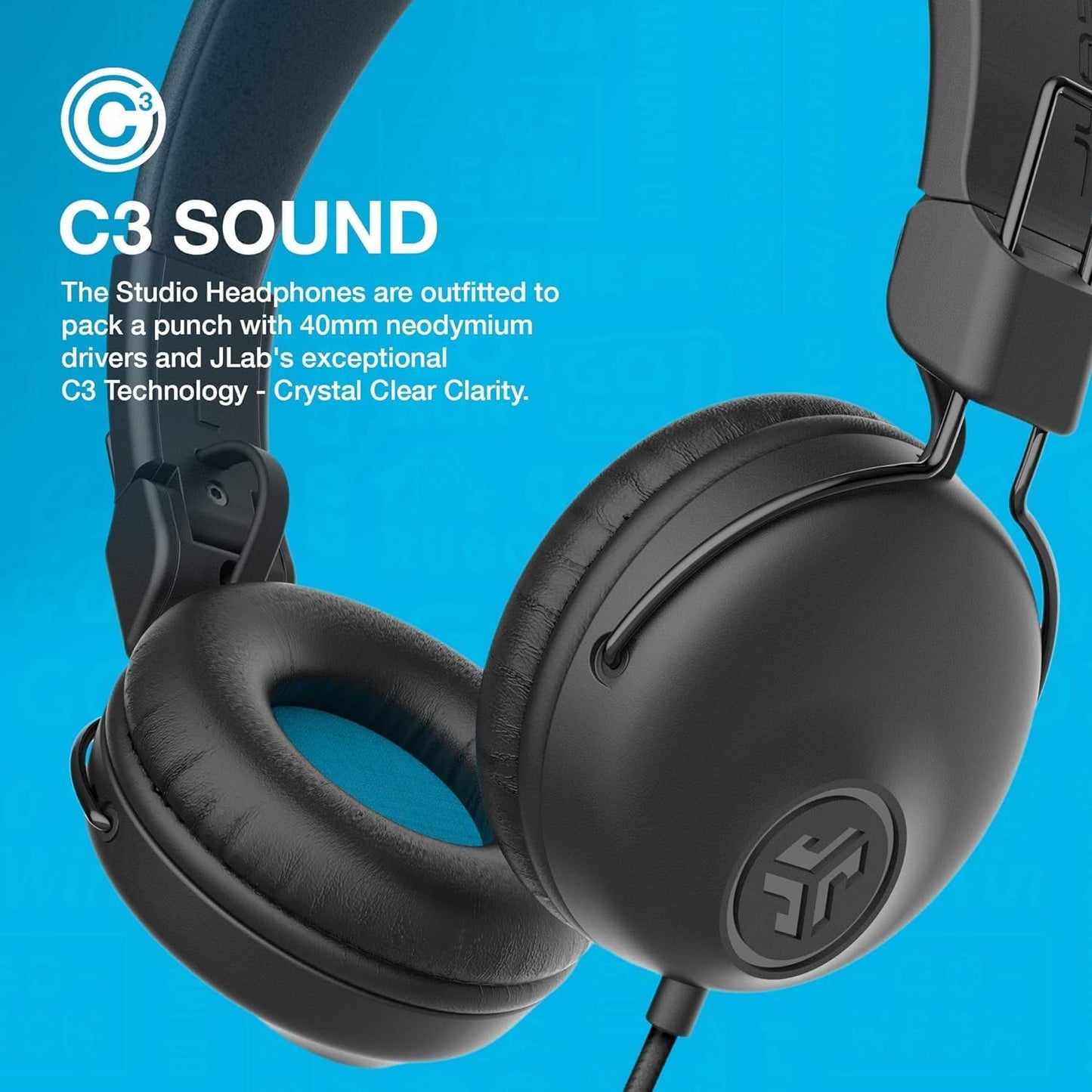 JLab Studio Wired On-Ear Headphones, Black, Tangle Free Cord, Ultra-Plush Faux Leather with Cloud Foam Cushions, 40mm Neodymium Drivers with C3 Sound