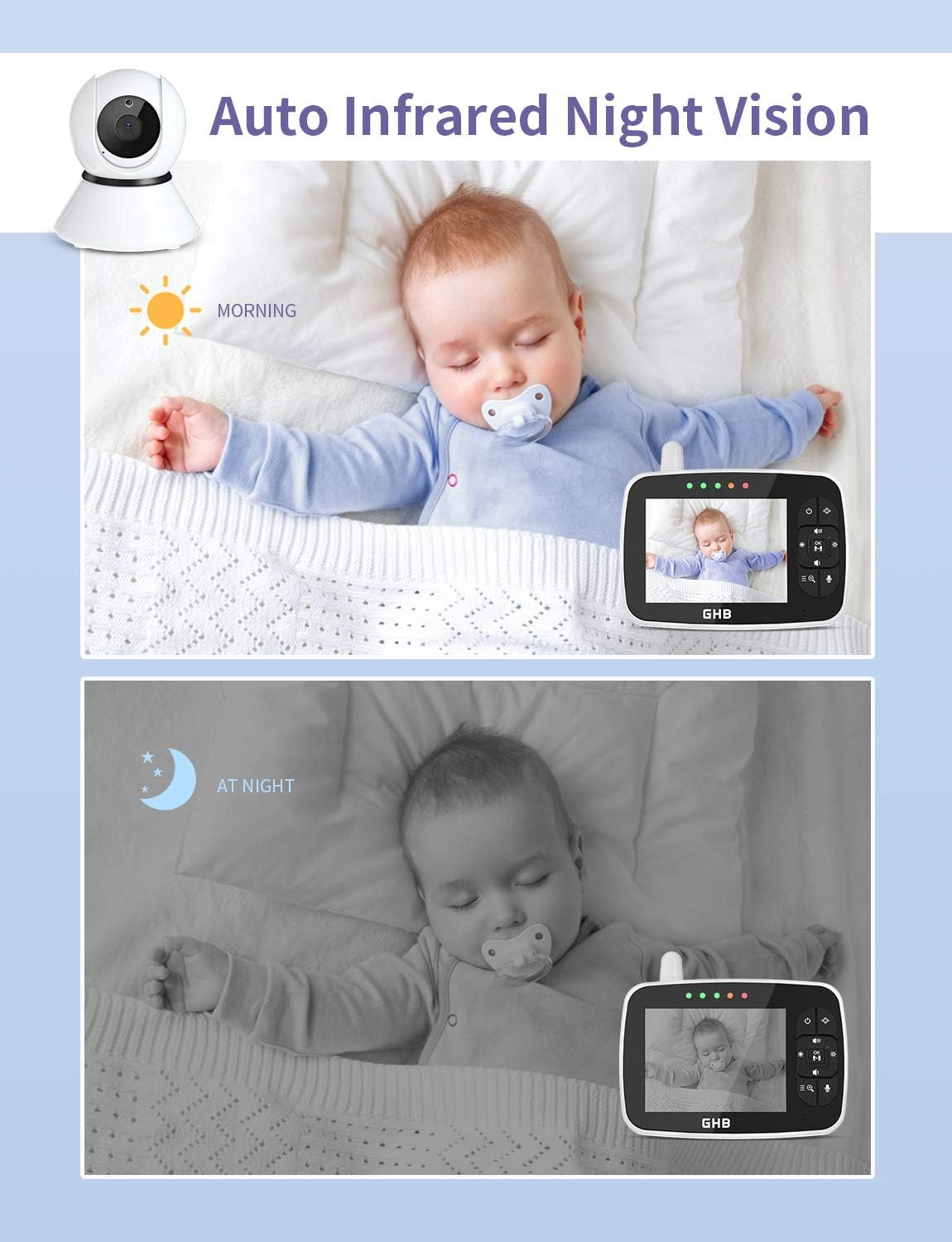 GHB Baby Monitor 3.5-inch Video Baby Monitor with Camera Infrared Night Vision Temperature Display Lullaby Function 2-Way Talk Feeding Alarm Clock