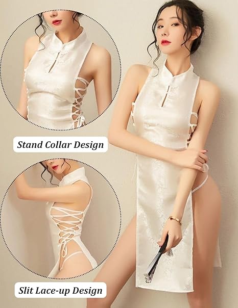 Sexy Cheongsam Dress for Women Sleeveless Embroidery Chinese Lingerie Babydoll Nightdress with Lace Up High Split Anime Cosplay Costume Mini Roleplay Outfit Qipao Nightwear