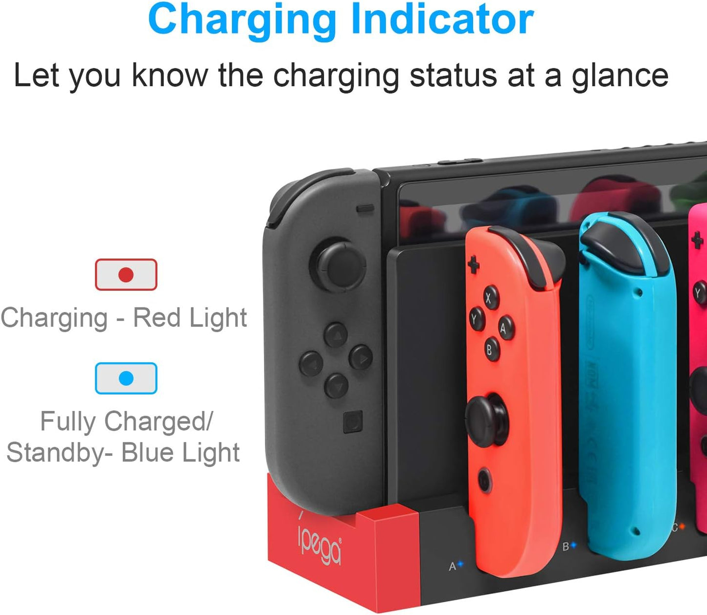 ipega Charger for Switch &Switch OLED Joy Cons Controllers, Charging Dock Base Station for Nintendo Switch Joycons with Indicator, Charger Station Stand for Joy Cons