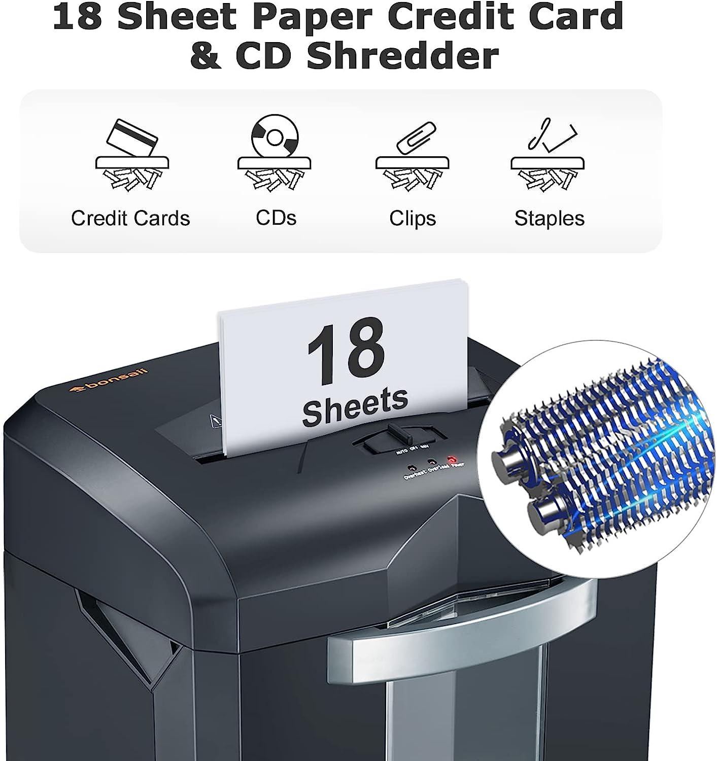 Bonsaii Paper Shredder, 18-Sheet 60-Minutes Paper Shredder for Office Heavy Duty Cross-Cut Shredder with 6 Gallon Pullout Basket & 4 Casters, Jam-proof High Security Mail Shredder for Home Use(C149-C)