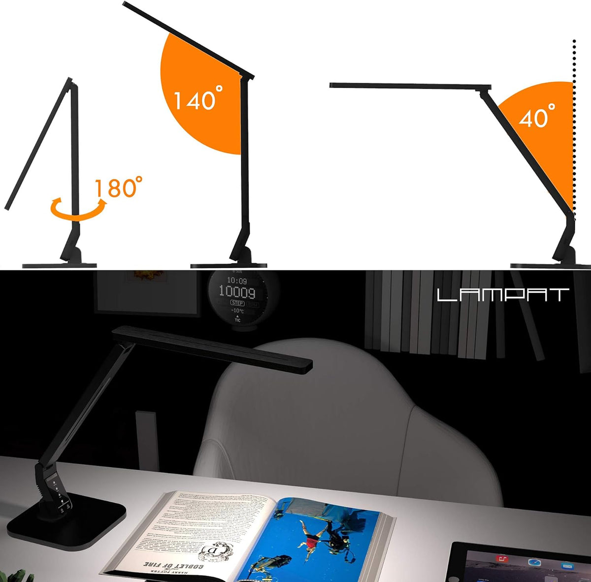Lampat Dimmable LED Desk Lamp, 4 Lighting Modes, 5-Level Brightness Control, Touch-Sensitive Panel, 1-Hour Auto Timer, 5V/1A USB Charging Port, Piano Black