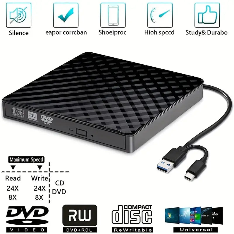 External DVD Drive USB 3.0 Type-C CD Burner Portable CD DVD +/-RW Drive DVD Player for Laptop CD ROM Rewriter Burner Compatible with Laptop Desktop PC Windows 11/10 MacBook Pro/Air Mac Linux Mac OS