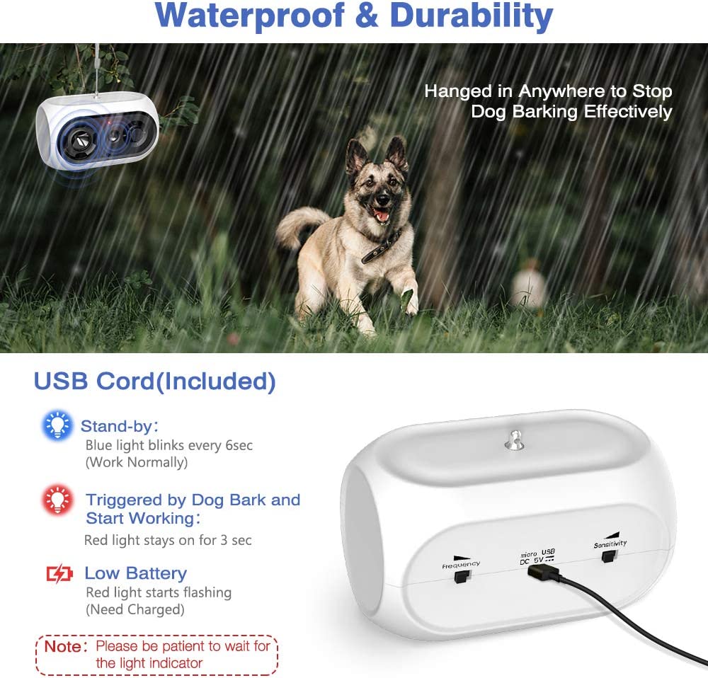 Sumao Dog Bark Control Device, Stop Barking Deterrent 3 Adjustable Level 15M Range Automatic Anti Devices Rechargeable Stopper Training Tool Collar Safe Anti-bark for Dogs, Device-White