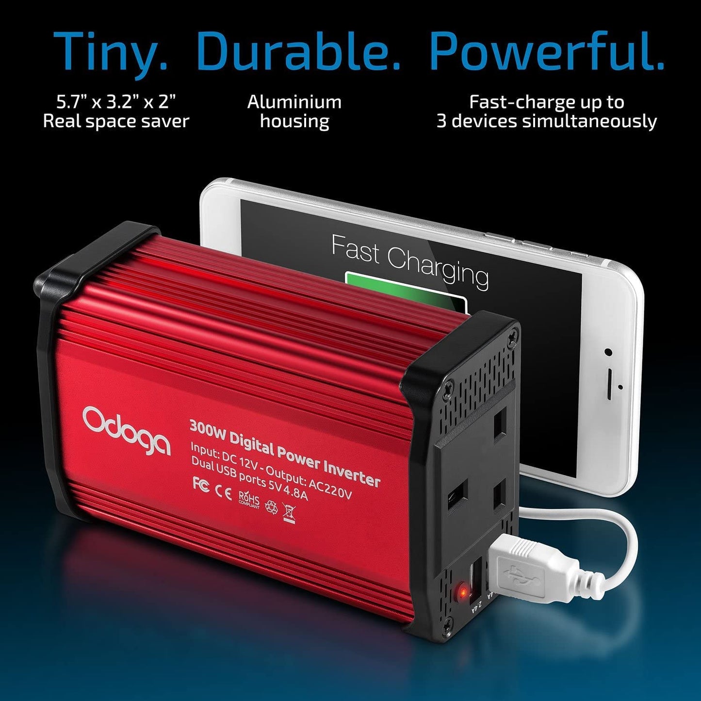 Odoga 300W Car Power Inverter 12V to 240V / 230V Converter, Dual USB 4.8A Charging Ports - Charge Your Laptop, iPad, iPhone, Tablet, Consoles & More - Durable and Powerful - Red Aluminum Body