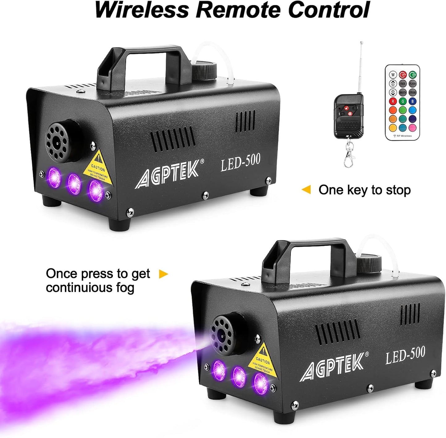 AGPTEK Fog Machine, Automatic Spray Smoke Machine with Colorful LED Light Effect, Wireless and Wired Remotes with Preheating Light Indicator, Perfect for Halloween, Christmas, Wedding & Stage,Black