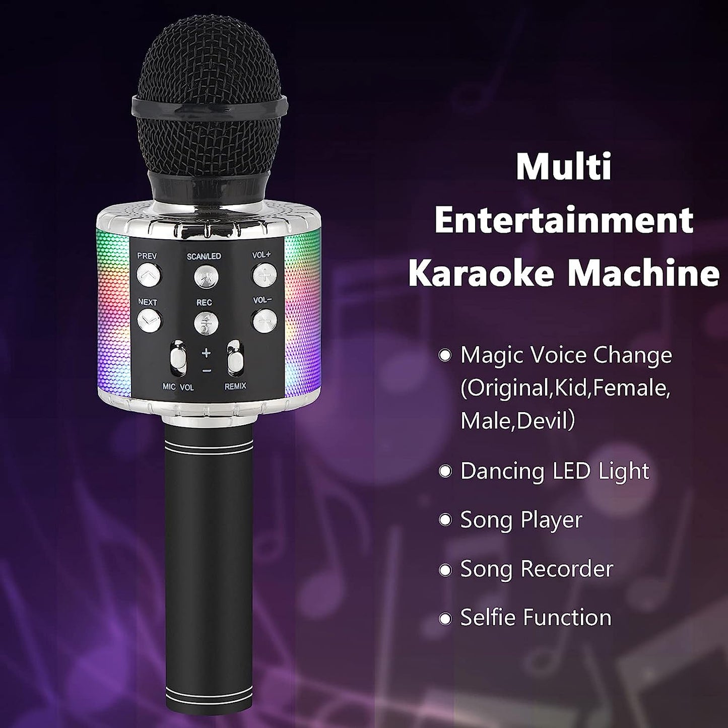 Karaoke Microphone for Kids Singing,5 in 1 Wireless Bluetooth Microphone with LED Lights Karaoke Machine Portable Mic Speaker Player Recorder for Home Party Birthday Black