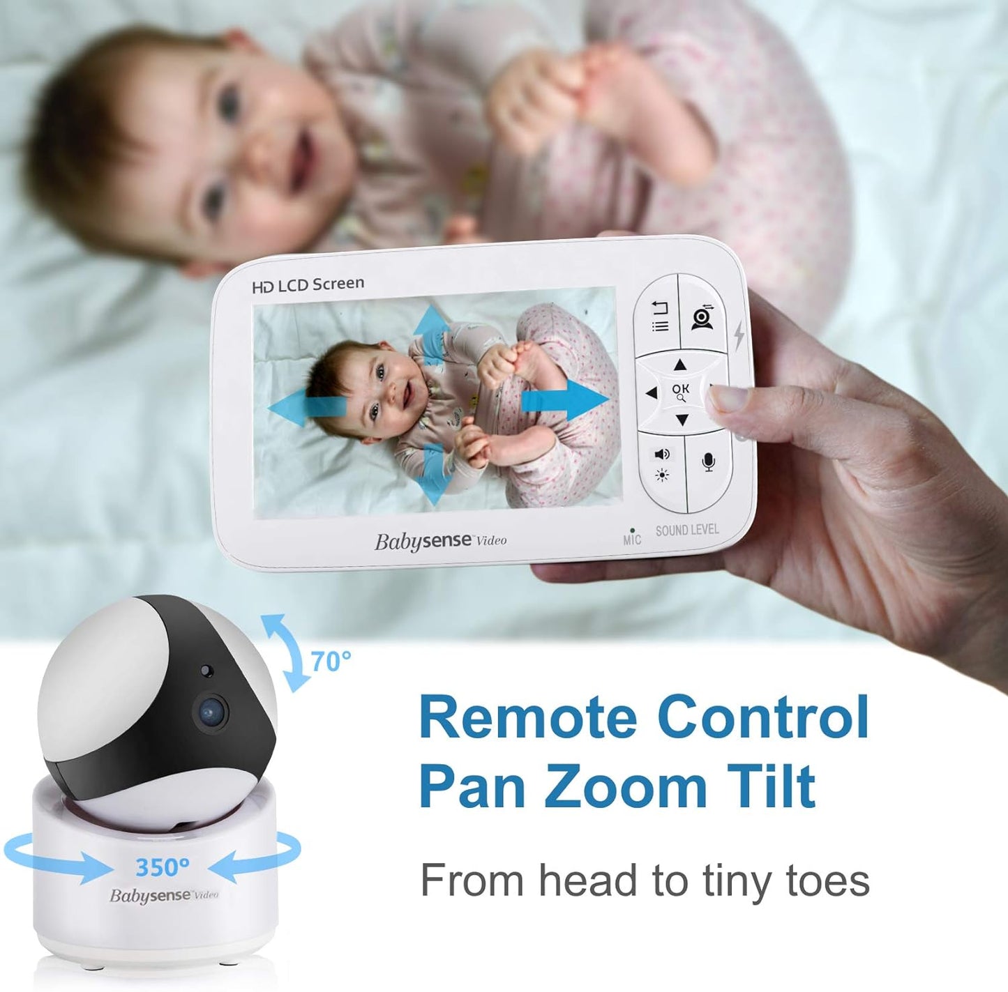 Babysense 5" HD Baby Monitor, Video Baby Monitor with Pan Tilt Zoom Camera and Large 5 Inch Display – Two-Way Talk-Back Audio, Zoom, Long Range, Night Vision, Secure Hack-Free Baby Monitor Camera