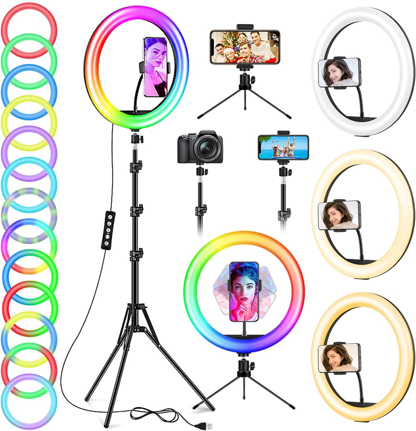 12.6'' Ring Light with Stand and Phone Holder: Totally 74" Tall Led Ringlight Tripod with 40 Color Modes, Floor and Desktop Stand with Circle Lights for Makeup Video Meeting Live Stream