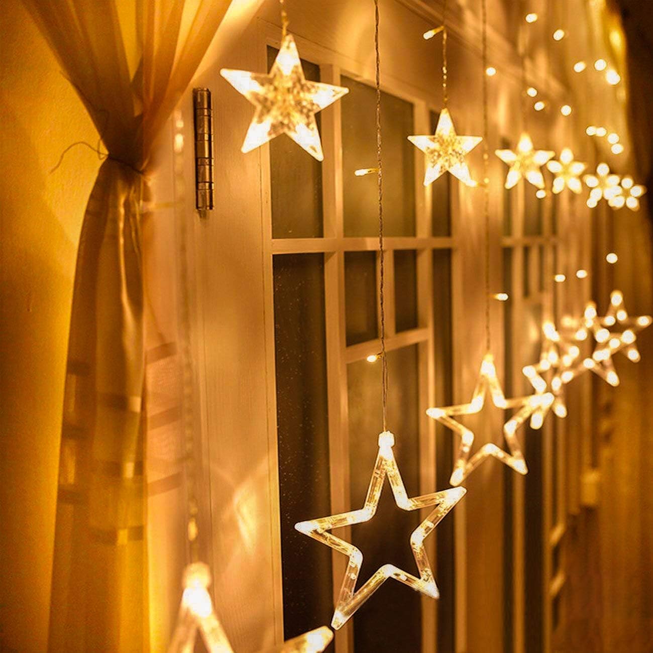 2M Star Curtain Lights 12 Stars 138 LEDs Warm White Star Window Lights with 8 Modes IP44 Waterproof Christmas Curtain Fairy Lights for Home Garden Christmas Wedding Party Holiday