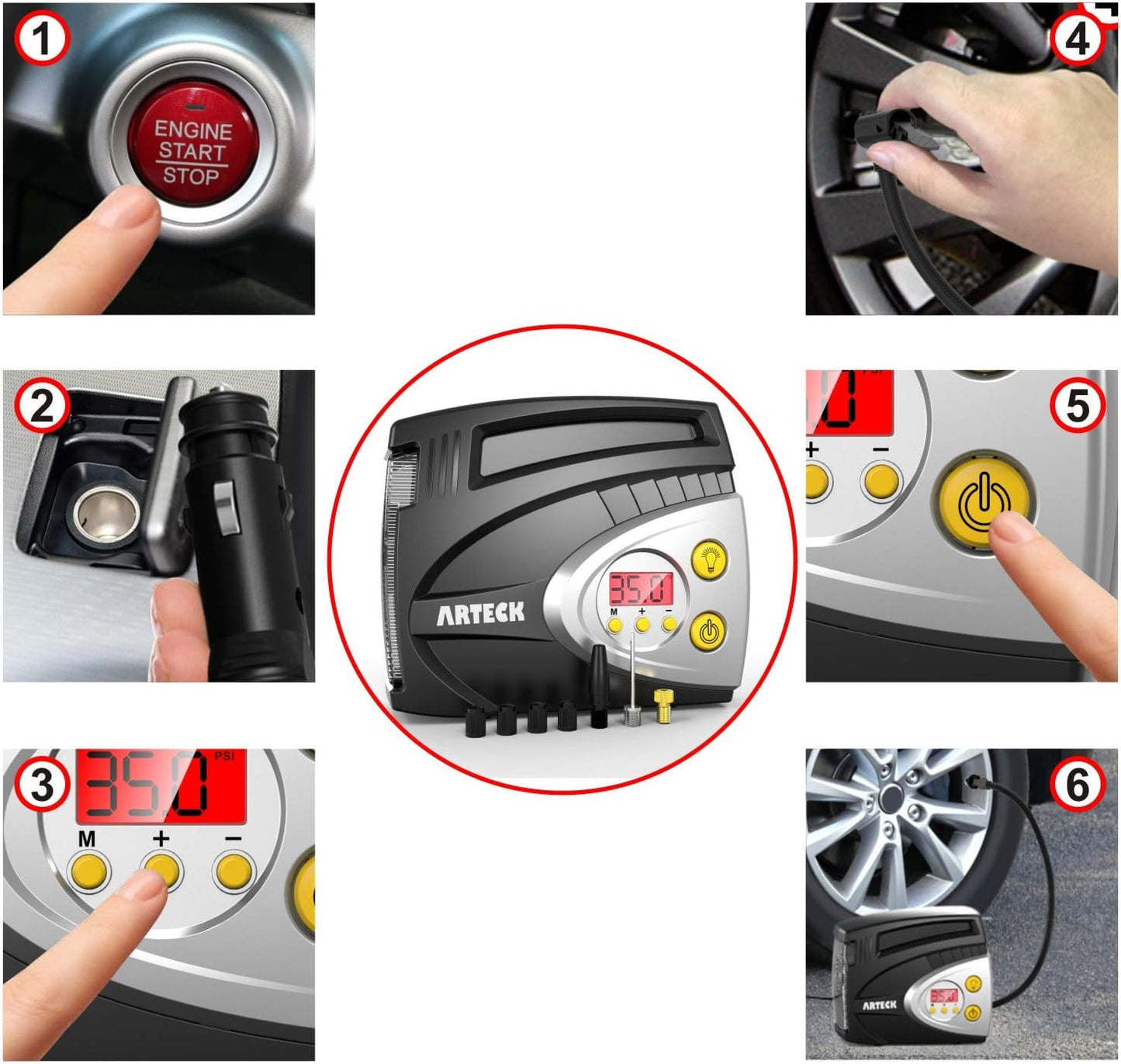 Tire Inflator, Arteck Portable 12V DC Tire Air Compressor Pump 150 PSI, Portable Digital Auto Tire Inflator with Gauge for Car, Bicycle, Motorcycle, Basketball and Others