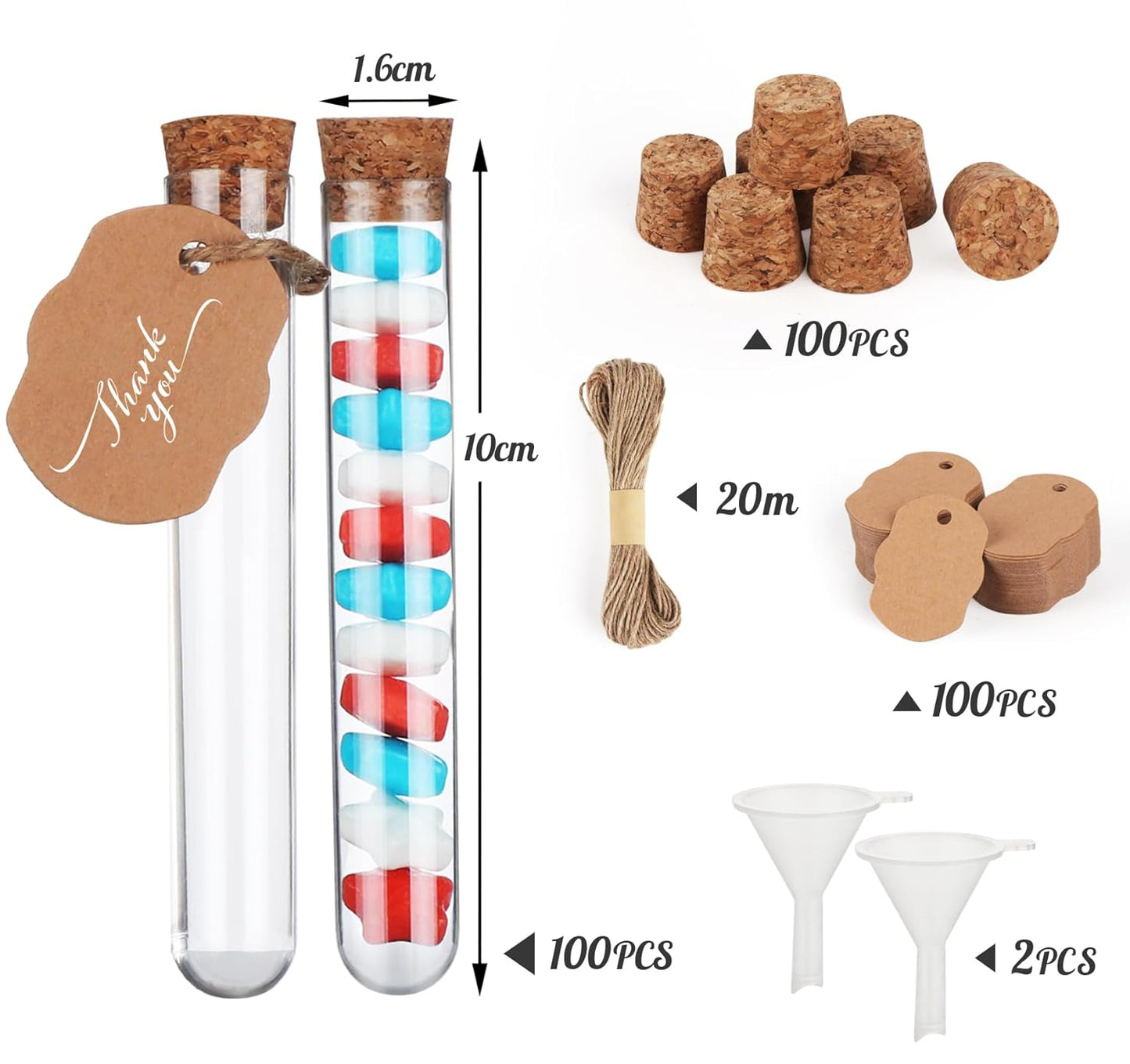 100 Pcs Plastic Test Tubes with Cork Stoppers 16ml,Clear Test Bottle Transparent Sealing 100pcs Elevator+20m hemp rope+2pcs Funnel,for DIY Craft Spices Liquids Candy