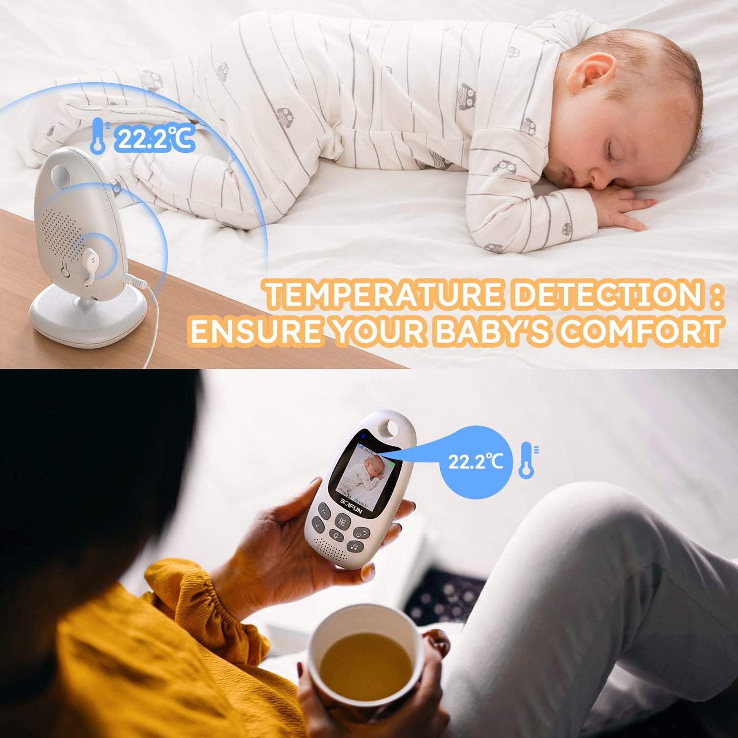 BOIFUN Baby Monitor, Portable Wireless Video Baby Camera, Rechargeable Battery, Night Vision, Two-way Talk, 8 Lullabies, VOX Mode, Feeding Reminder, Smart Temperature, 2-inch Screen Baby/Elder/Pet