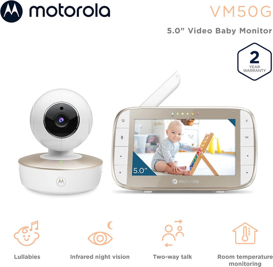 Motorola Baby Monitor - VM50G 720p Video Baby Monitor with Camera, 1000ft Range 2.4 GHz Wireless 5" Screen, 2-Way Audio, Remote Pan, Tilt, Zoom, Room Temperature Sensor, Lullabies, Night Vision