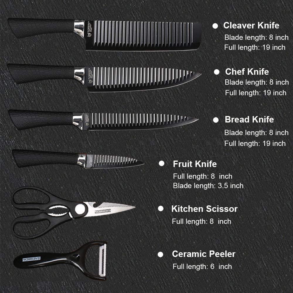 EVERIERH 6 Pieces Black Knife Set, Stainless Steel and Non-Stick Blades, Including Peeler and Scissor, Kitchen Cutlery Knives Set, Cooking Utensil Sets, Daily Use with Gift Box